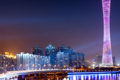 Illuminated buildings in city at night