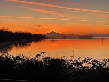 Scenic view of lake against sky during sunset