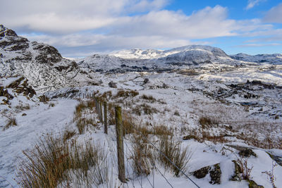 Scenic view of snow covered mountains against sky