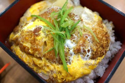 High angle view of breakfast served in plate