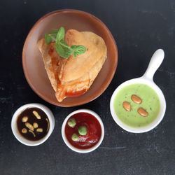 High angle view of breakfast on table