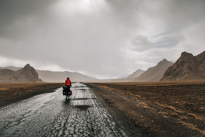 Rear view of man riding bicycle on road