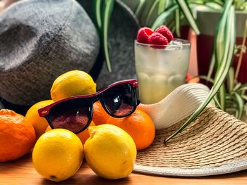 Close-up of fruits in basket on table