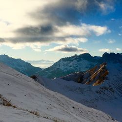 Scenic view of mountains against cloudy sky