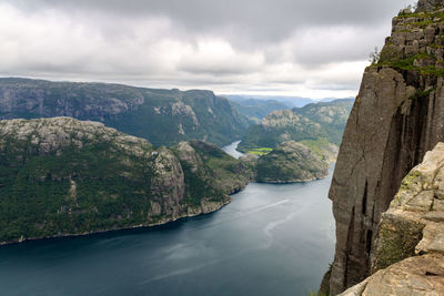 Scenic view of river amidst mountains against sky