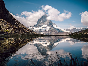 Scenic view of lake by snowcapped mountains against sky during winter