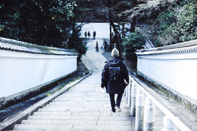 Rear view of man walking down on steps