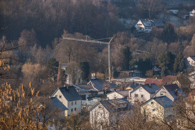 High angle view of buildings and trees