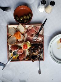 High angle view of food served on table