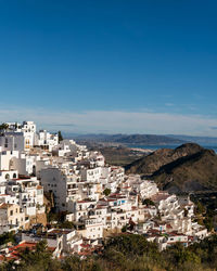 High angle view of townscape against blue sky