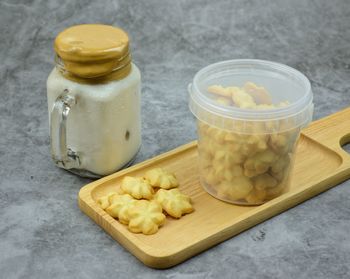 High angle view of drink in jar on table
