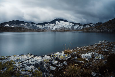 Scenic view of lake and snowcapped mountains against sky