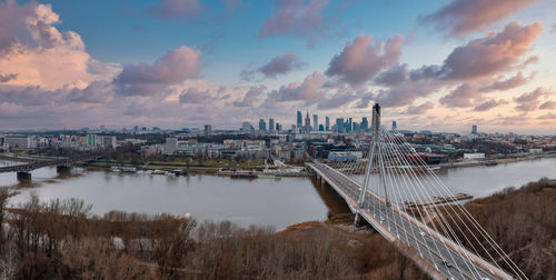 Aerial panorama of warsaw, poland with swietokrzyski bridge