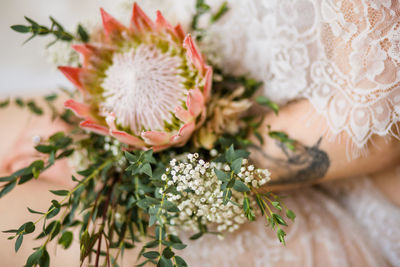 Close-up of flower bouquet with protea