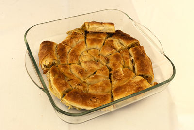 High angle view of bread in plate on table