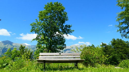 Bench in park against blue sky