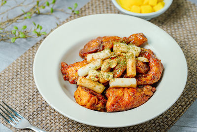 High angle view of food in plate on table