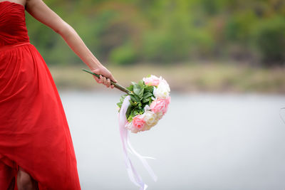 Midsection of woman holding red flowering plant