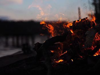 Close-up of burning bonfire during sunset