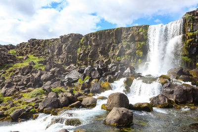 Scenic view of waterfall against rocks