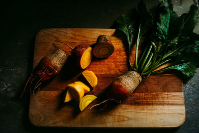 High angle view of chopped vegetables on cutting board