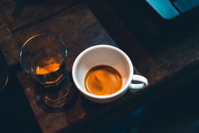 High angle view of coffee cup on table