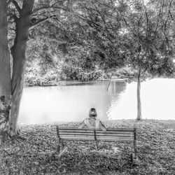 Woman standing on tree trunk