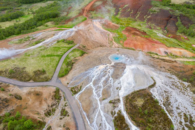 Aerial view of the great geyser, geysir in iceland by drone