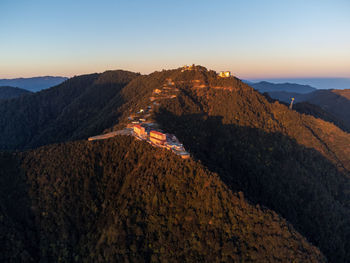 The chandragiri hills resort perched on the top of a mountain in the foothills