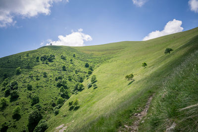 Footpath through lush green mountain landscape above lake como / lago di como, italy.