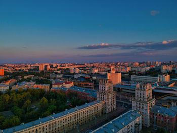 High angle view of buildings in city against sky