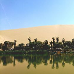 Scenic view of lake against clear blue sky