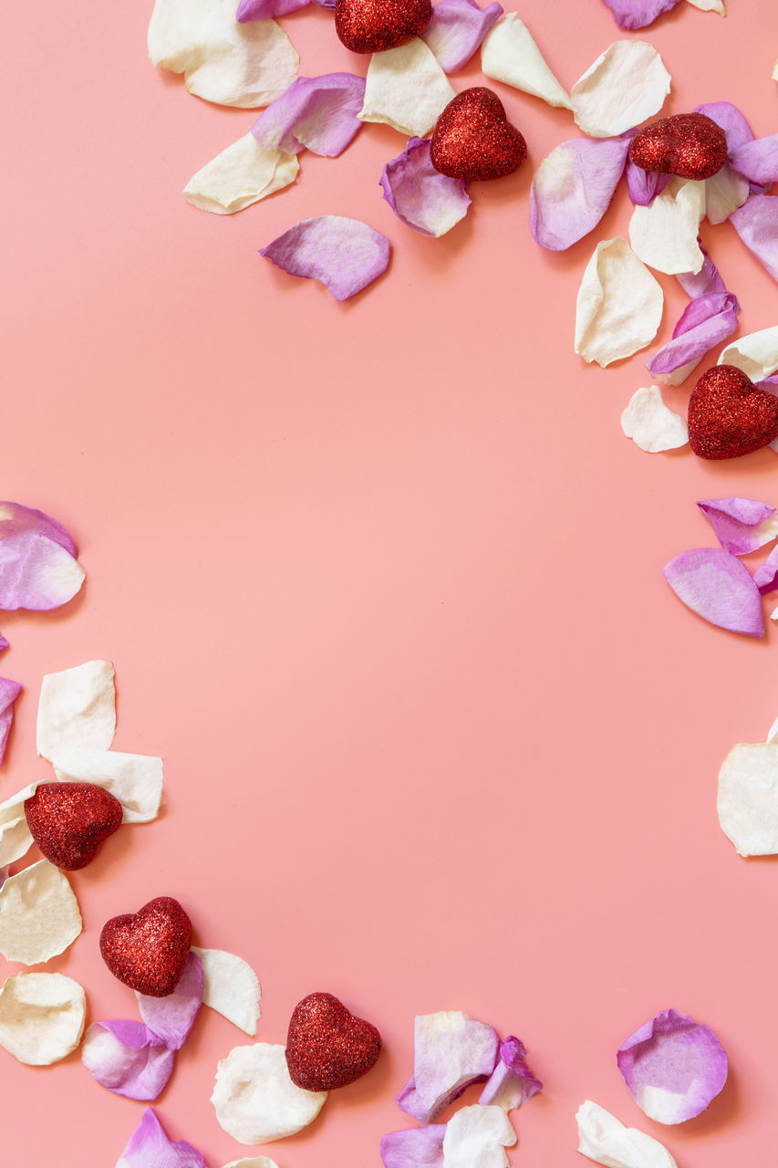 pink, petal, heart, food and drink, food, colored background, pink background, studio shot, large group of objects, no people, indoors, sweet food, still life, variation, sweet, high angle view, freshness, candy, lilac