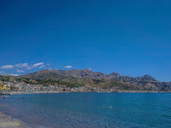 Scenic view of sea against clear blue sky