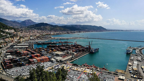 High angle view of commercial dock in city