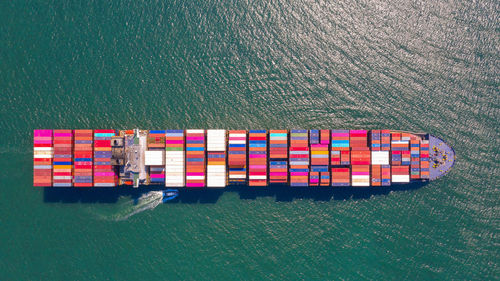 High angle view of container ship in sea
