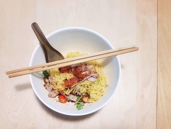 High angle view of food in bowl on table