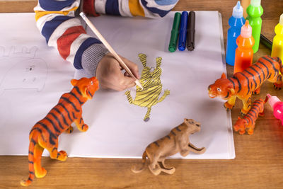 Boy sitting at a table drawing a tiger.