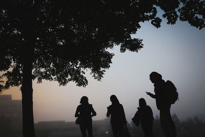 Silhouette people standing by tree against sky during sunset