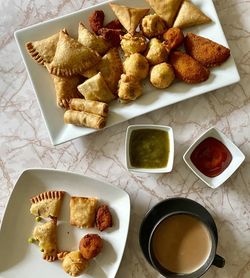 High angle view of breakfast served on table