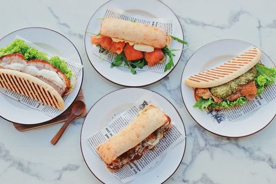 High angle view of breakfast served on table