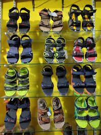 Full frame shot of shoes for sale in market