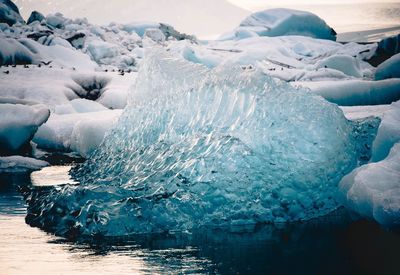 Close-up of snow on sea shore