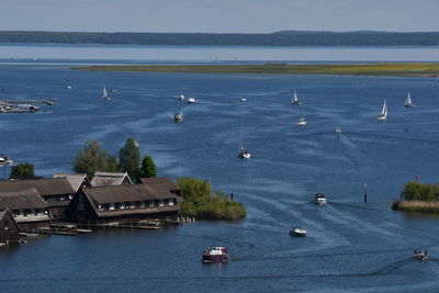 High angle view of boats in sea