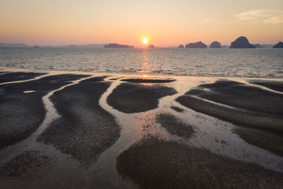 Scenic view of beach against sky during sunset