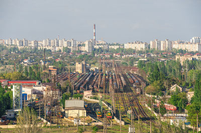 High angle view of buildings against sky in city