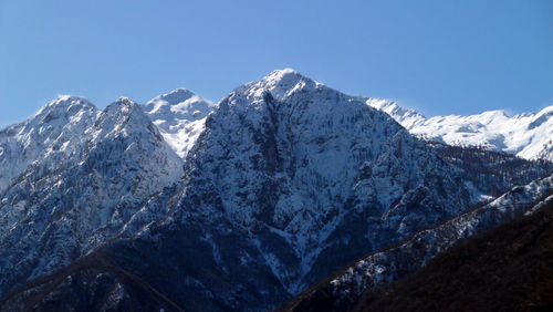 Scenic view of snowcapped mountains against clear blue sky