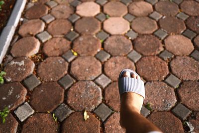 Low section of person on cobblestone footpath