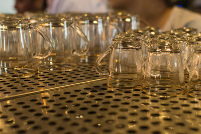 Close-up of empty glasses on table in restaurant