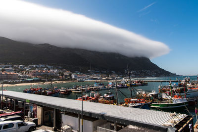 High angle view of boats moored in harbor